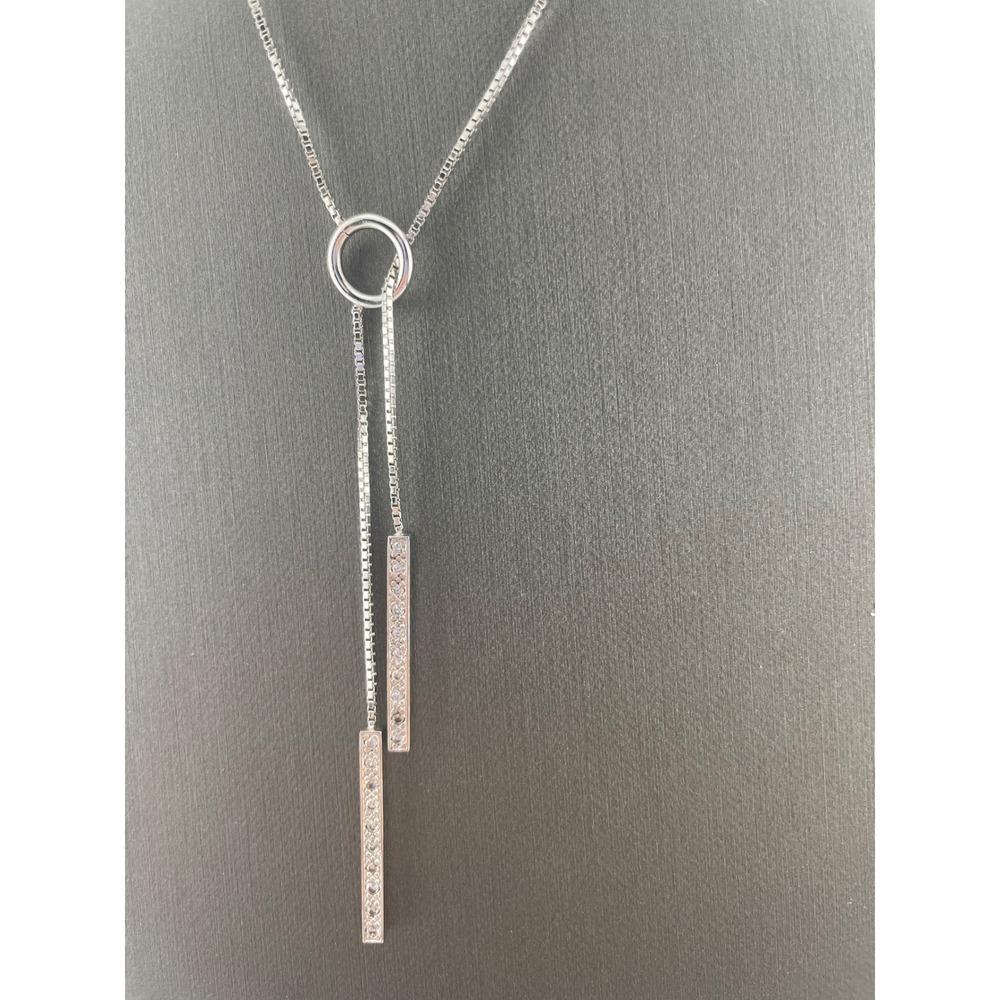 Sterling Silver CZ Lariat Y Necklace Adjustable Box‎ Chain Pavé Bar Drop Pendant - Picture 6 of 10